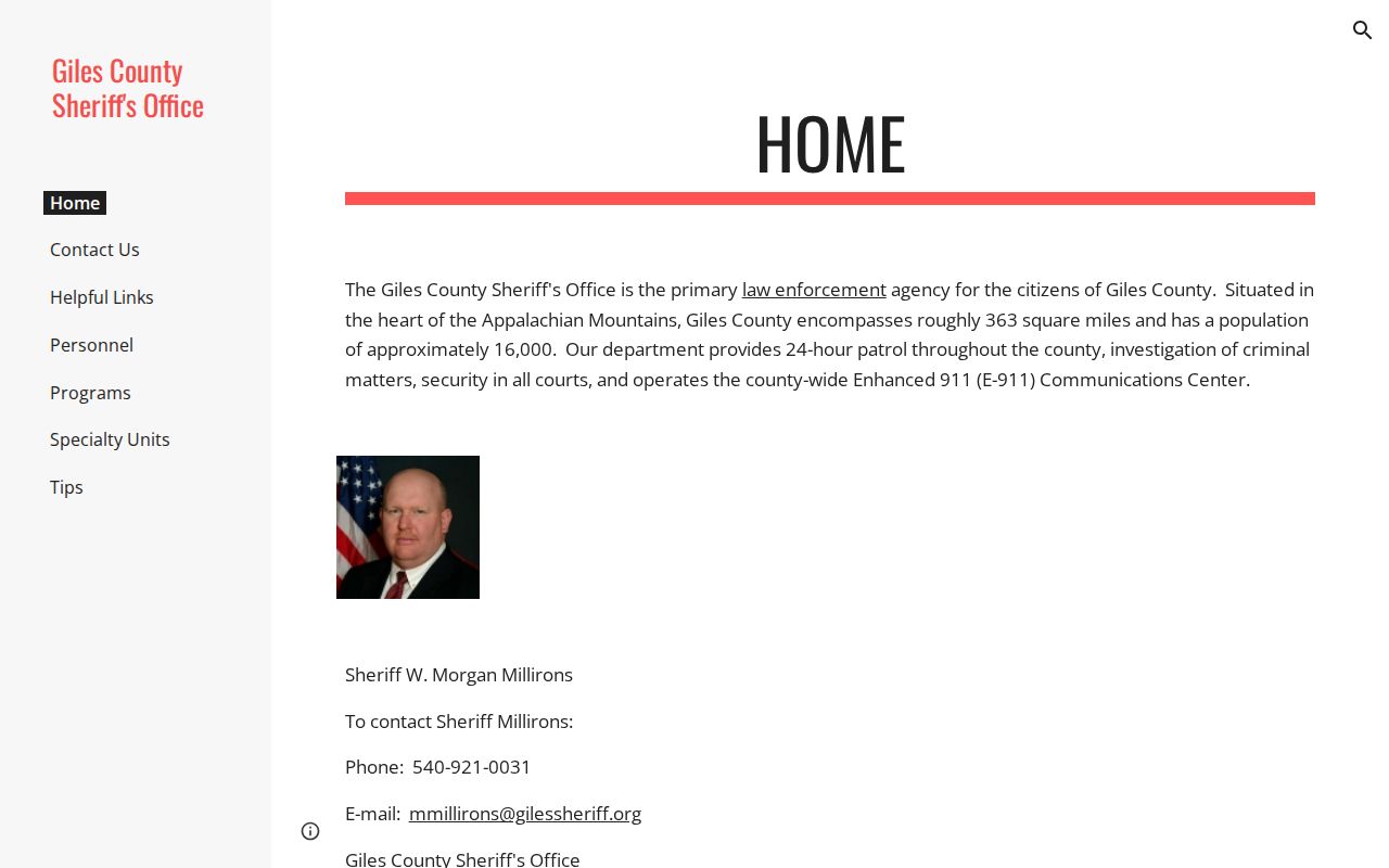 Giles County active warrant search source, the Sheriff's public home page