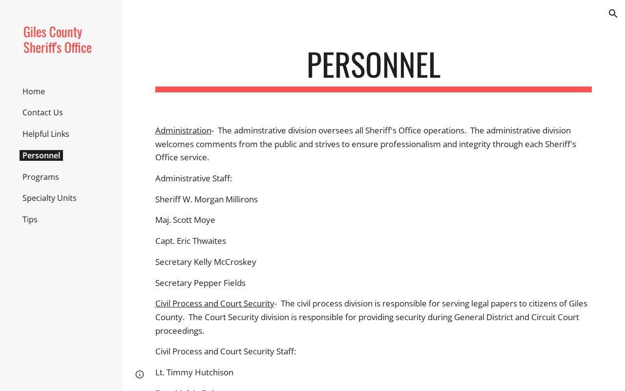 Giles County warrant and most-wanted program research at the Sheriff's divisions page
